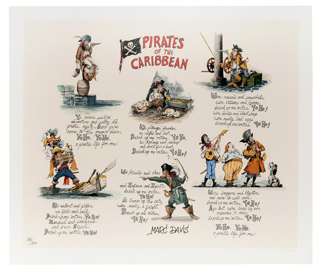 Pirate Doggeral screen-printed serigraph signed by Marc: Pirate Doggeral screen-printed serigraph signed by Marc Davis. Extremely rare edition of only 200, this large serigraph is part of the Walt Disney Imagineering Collection. It shows not only Davis̵