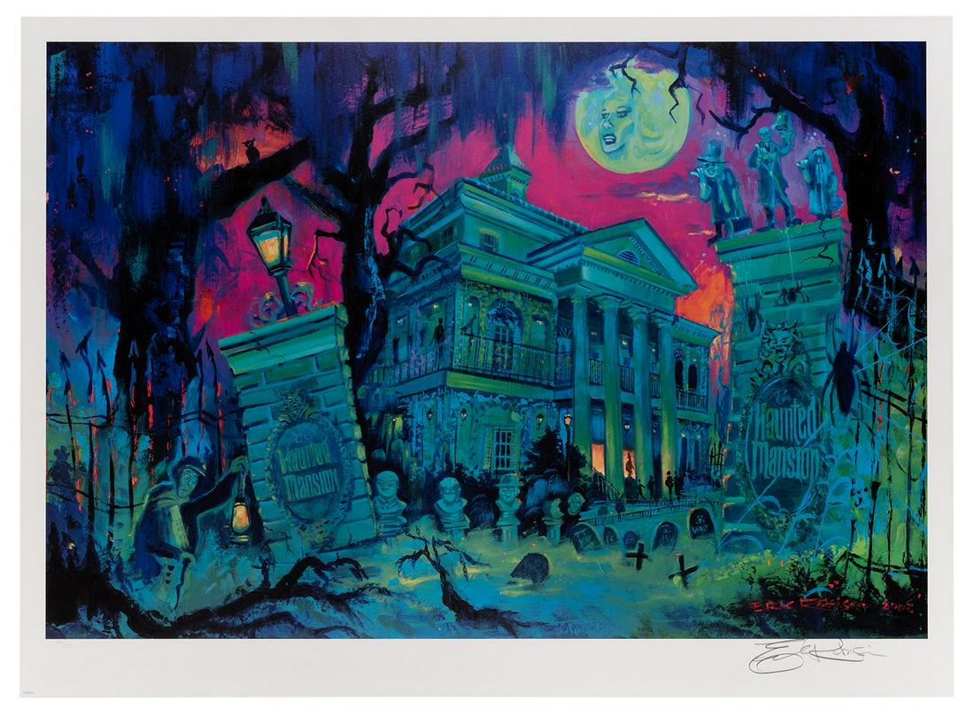 Haunted Mansion signed “Under the Leota Moon”: Haunted Mansion signed “Under the Leota Moon” lithograph. Painted by Eric Robison in 2003, signed, No. 153/200. 26 x 36”.