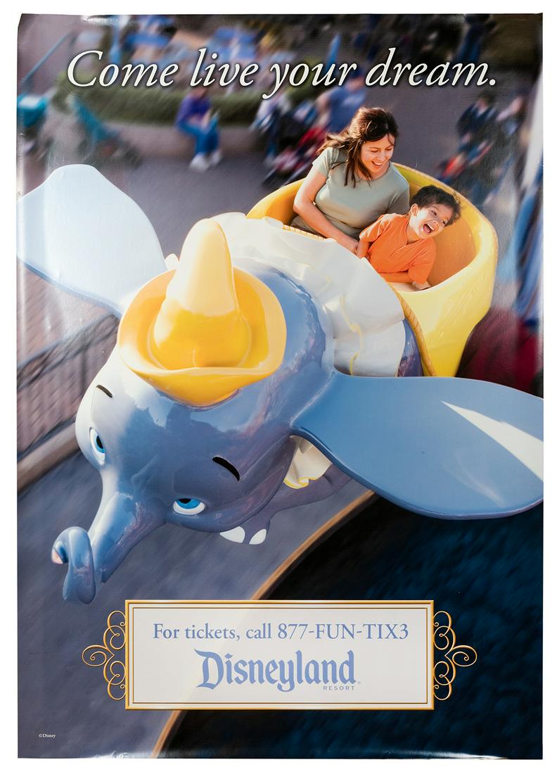 Dumbo Attraction Bus Stop Poster.: Dumbo Attraction Bus Stop Poster. Enormous heavy paper poster with film lamination depicting families riding the Dumbo attraction. 43 x 69”.