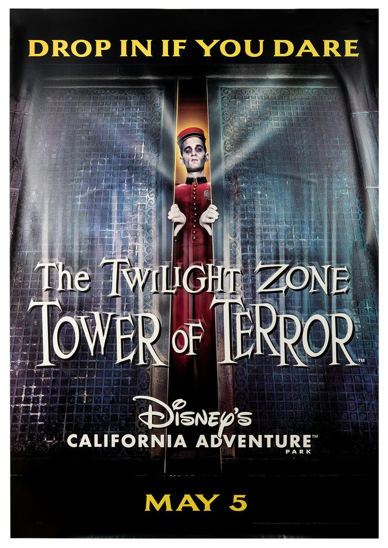 Tower of Terror DCA Opening Bus Stop Poster.: Tower of Terror DCA Opening Bus Stop Poster. Enormous vinyl banner announcing the opening of the Tower of Terror at California Adventure on May 5. 43 x 69”.