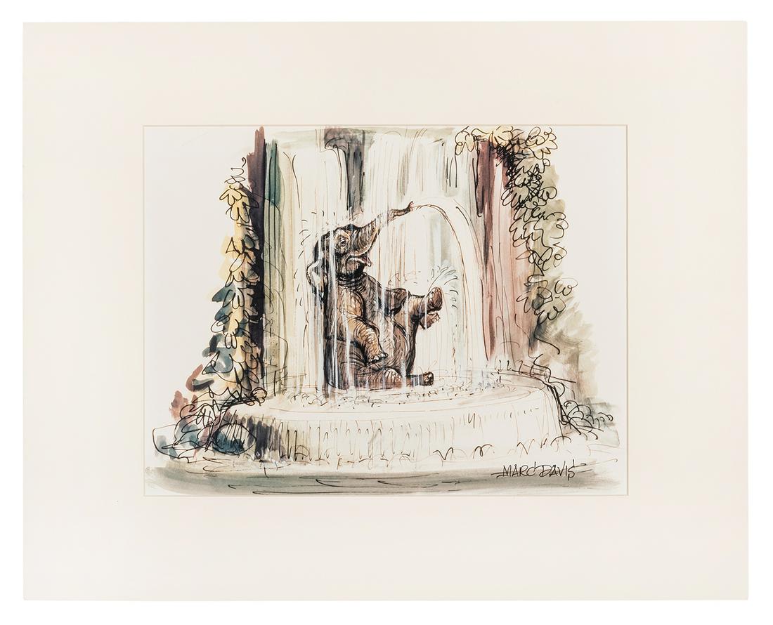Jungle Cruise elephant bathing scene concept art signed: Jungle Cruise elephant bathing scene concept art signed photolithograph. Created and signed by Marc Davis. 10 x 13.
