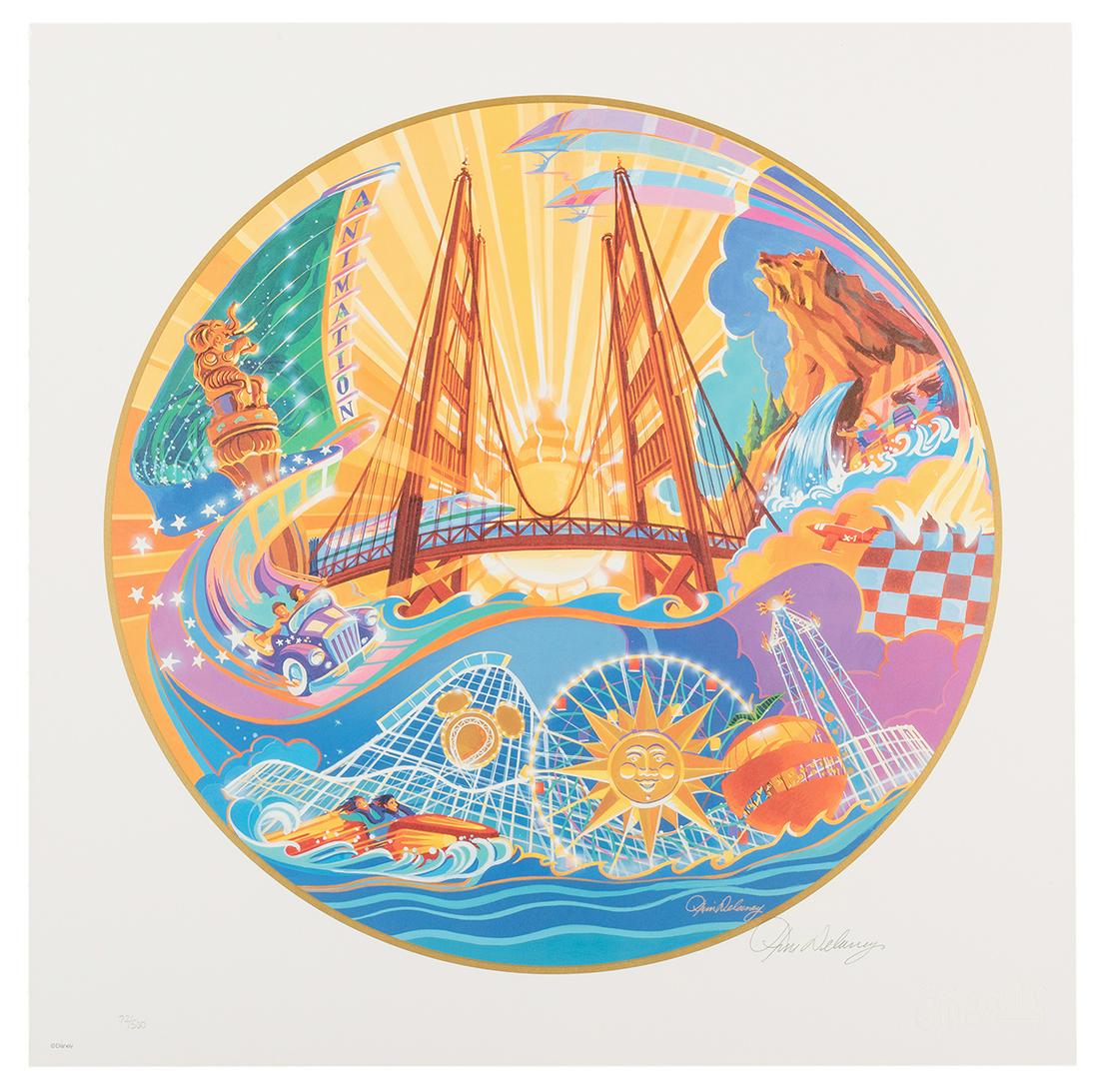 Disney’s California Adventure opening day boxed: Disney’s California Adventure opening day boxed lithograph. Boxed Lithograph created by Tim Delaney and signed by him. Ltd. 72/500. 18 ½ x 18”.
