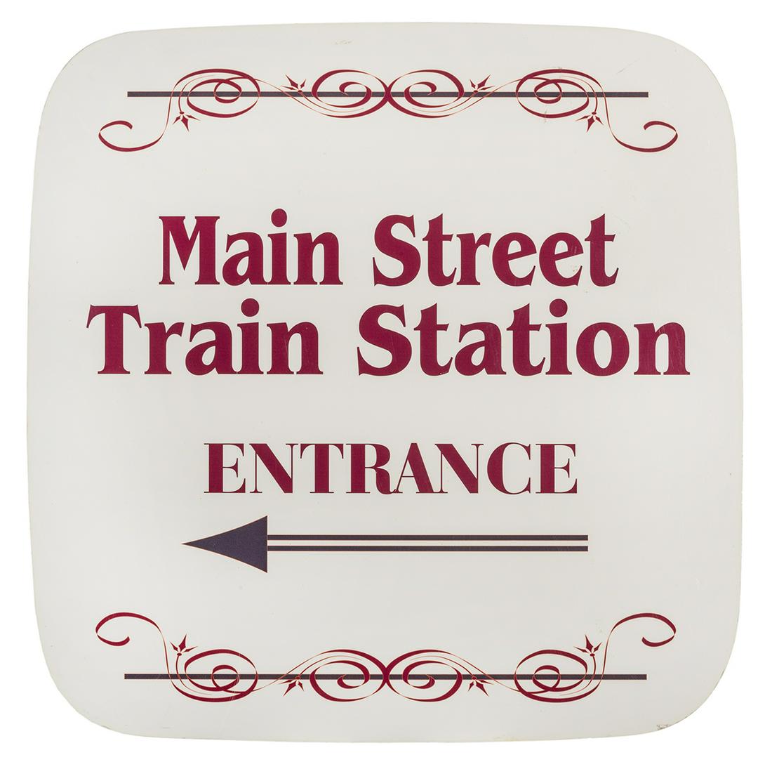 Main Street Train Station entrance detour sign.: Main Street Train Station entrance detour sign. Likely used on a wall during refurbishment. Acrylic with applied lettering. Park used. 17 ½ x 17 ½”.