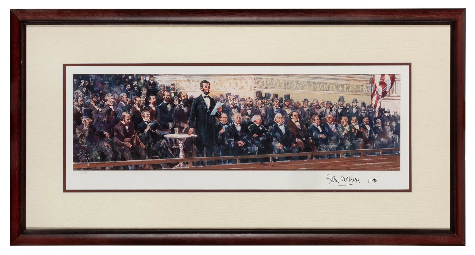 Great Moments with Mr. Lincoln signed lithograph.: Great Moments with Mr. Lincoln signed lithograph. Created and signed by Sam McKim. Double matted and framed in wood as sold by Disney. Blind stamped “Disney Gallery.” Ltd. 2/150. 16 x 32&#