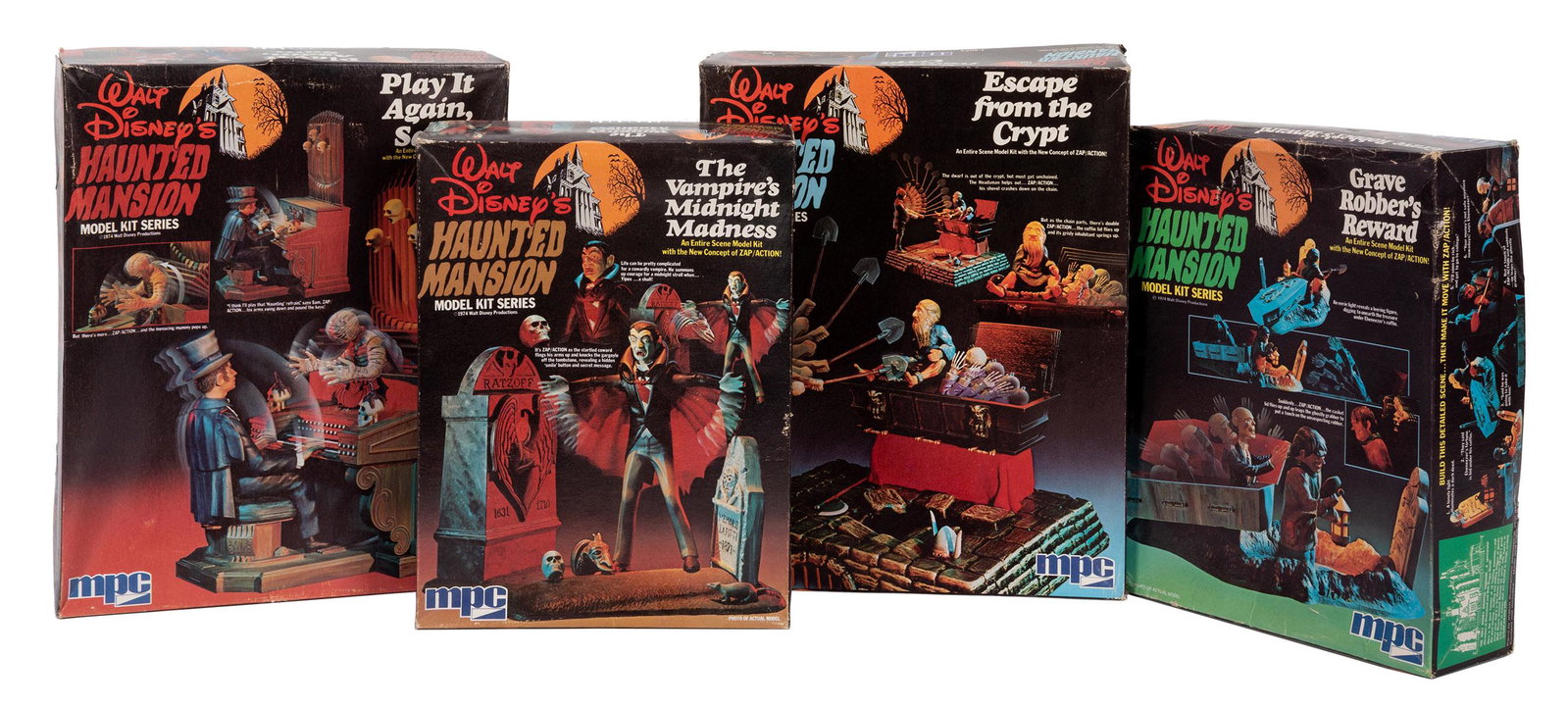 Lot of four Disney’s Haunted Mansion MPC Model Kits.: Lot of four Disney’s Haunted Mansion MPC Model Kits. Original model kits by MPC, 1974, for the opening of the Haunted Mansion at Walt Disney World. 1. Grave Robber’s Reward. 2. Play It Aga