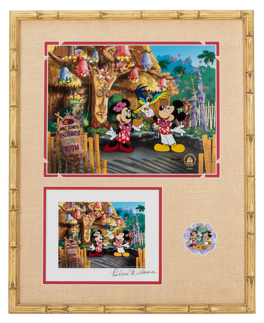 Ltd. Edition Tiki Garden Cell, Postcard, and Pin by: Ltd. Edition Tiki Garden Cell, Postcard, and Pin by Acme. Cell of Mickey and Minnie in the garden of the Enchanted Tiki Room. Includes a postcard of the art signed by famed songwriter Richard Sherman,