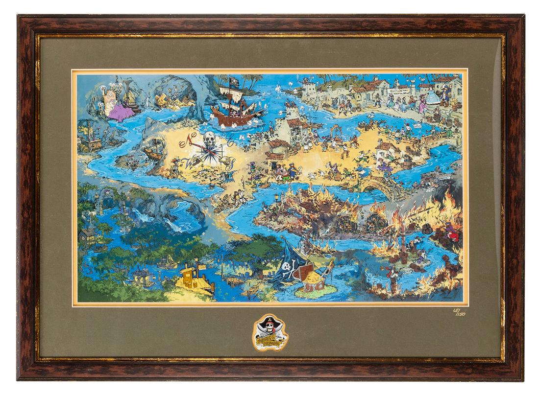 Ltd. Edition Pirates of the Caribbean Map with Pins.: Ltd. Edition Pirates of the Caribbean Map with Pins. Large double matted and framed colorful map of scenes from the attraction created by Sam McKim, with eight pins embedded on the map, including an e