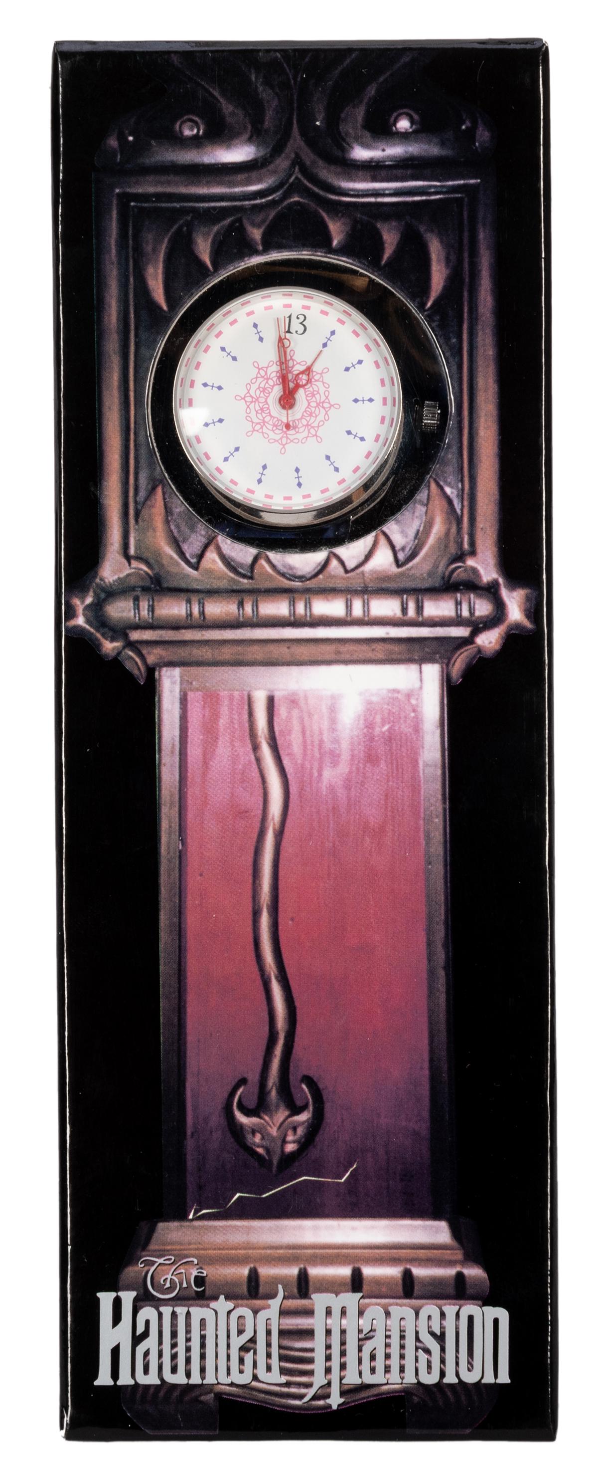 Haunted Mansion 13 Hour Wristwatch in Grandfather Clock: Haunted Mansion 13 Hour Wristwatch in Grandfather Clock Box. Black box decorated as grandfather clock with picture window for 13 Hours watch. Released for the WDAC celebration at Walt Disney World in 