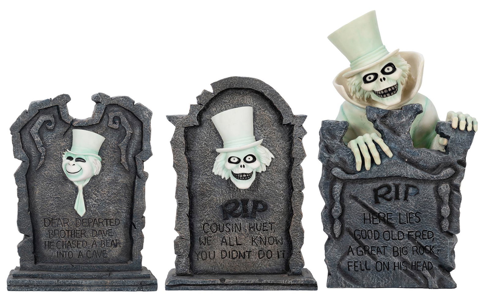 Set of Three Haunted Mansion Large Tombstones.: Set of Three Haunted Mansion Large Tombstones. Three large tombstones sold through the Disney catalogue, all heavy plastic and rare. Including: 1. Hatbox Ghost Tombstone “RIP, Here likes Good ol