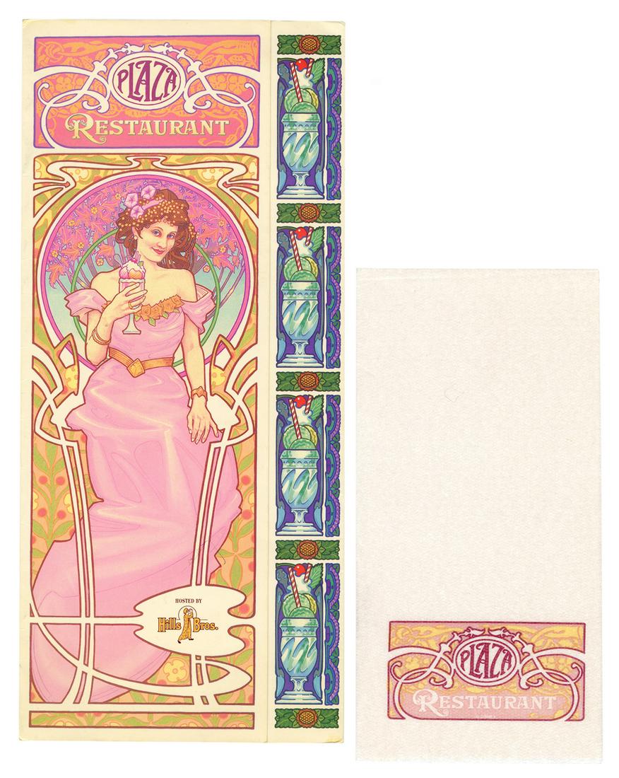 Walt Disney World Plaza Inn Menu and Napkins.: Walt Disney World Plaza Inn Menu and Napkins. Stunning tri-fold full color menu in Gibson Girl style for the Plaza Inn Restaurant at The Magic Kingdom in Walt Disney World. Stunning, colorful, matte l