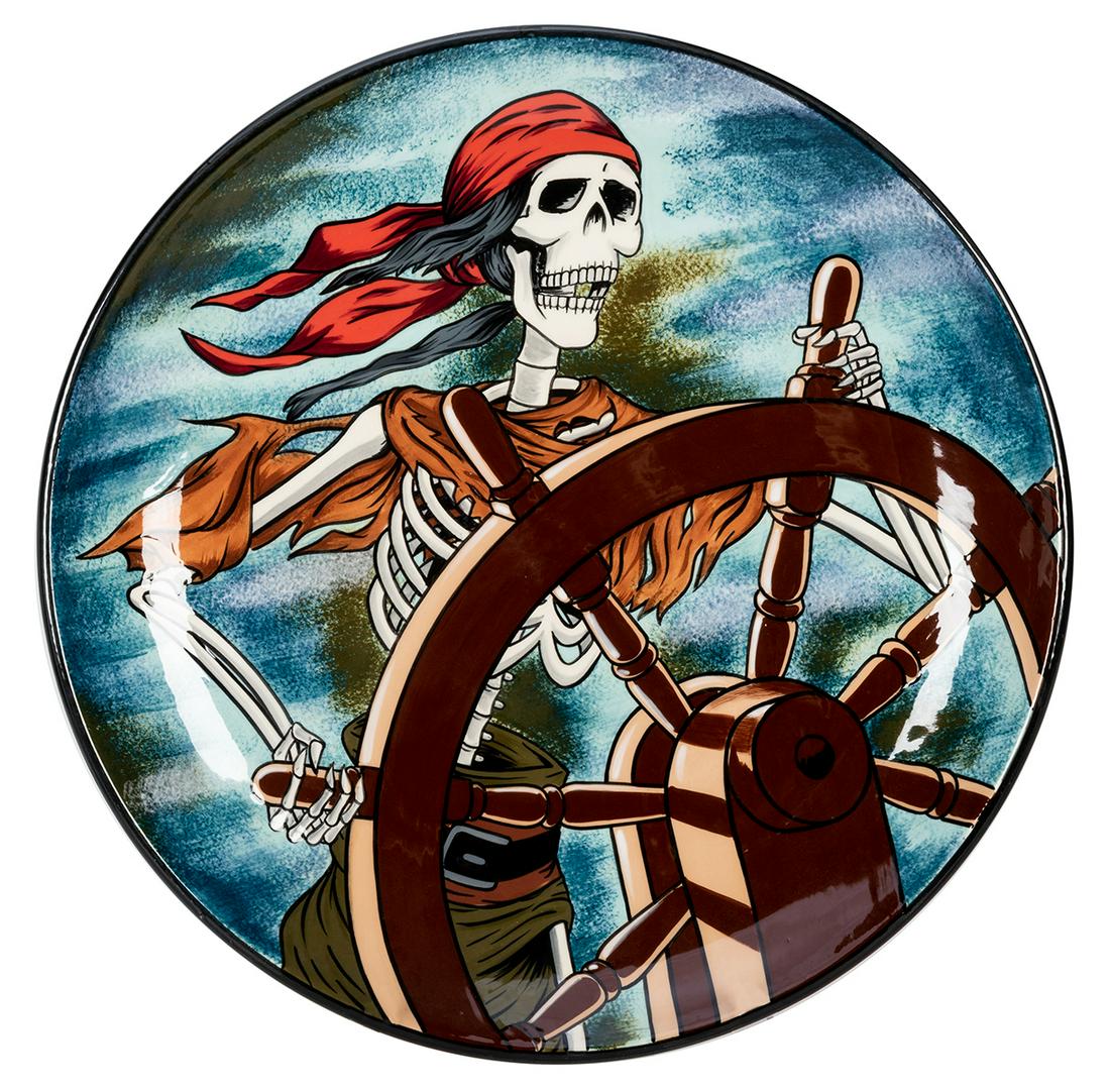 Pirates of the Caribbean Helmsman Elisabete Gomes: Pirates of the Caribbean Helmsman Elisabete Gomes Signed. Produced for the Pirate event in 2000 at Disneyland, this charger is hand painted by Elisabete Gomes. No. 2/10. 16” diameter and in new 
