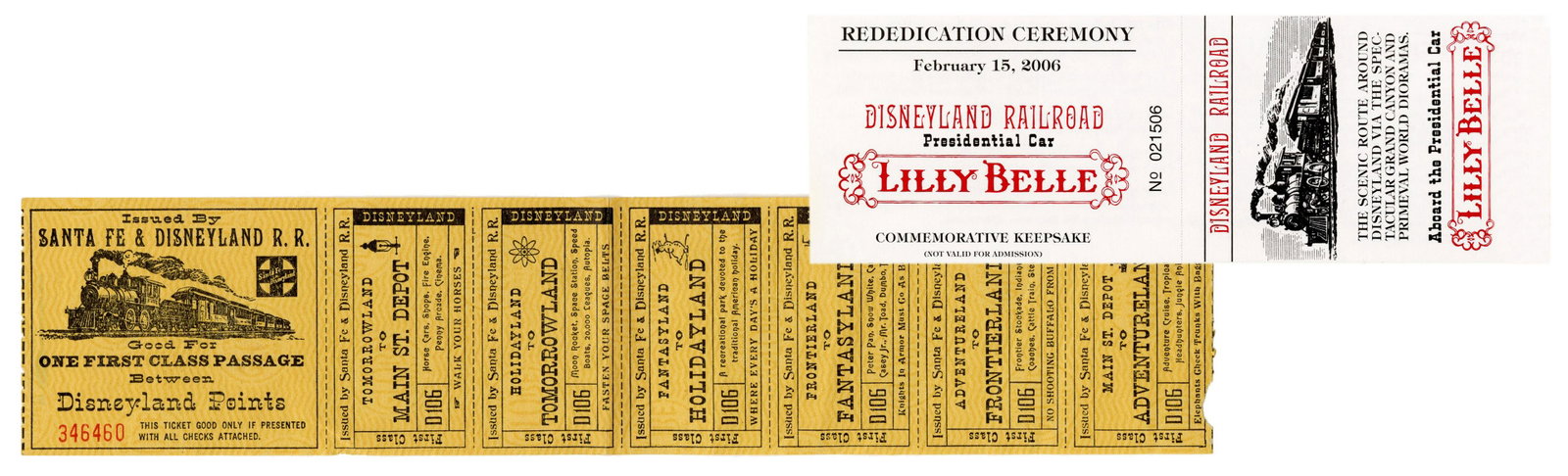 Disneyland Railroad 1955 Ticket and Lilly Belle Ticket.: Disneyland Railroad 1955 Ticket and Lilly Belle Ticket. Second series (1955-56) Disneyland Railroad Ticket, which includes many stations never built, including Holidayland and Fantasyland. Ticket is c