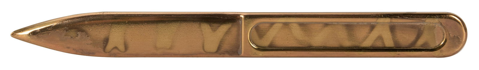 Billet Knife.: Billet Knife. Circa 1950. Flat brass letter opener-style knife secretly injects a billet inside an envelope as it is slit open. Length 8 ½”.