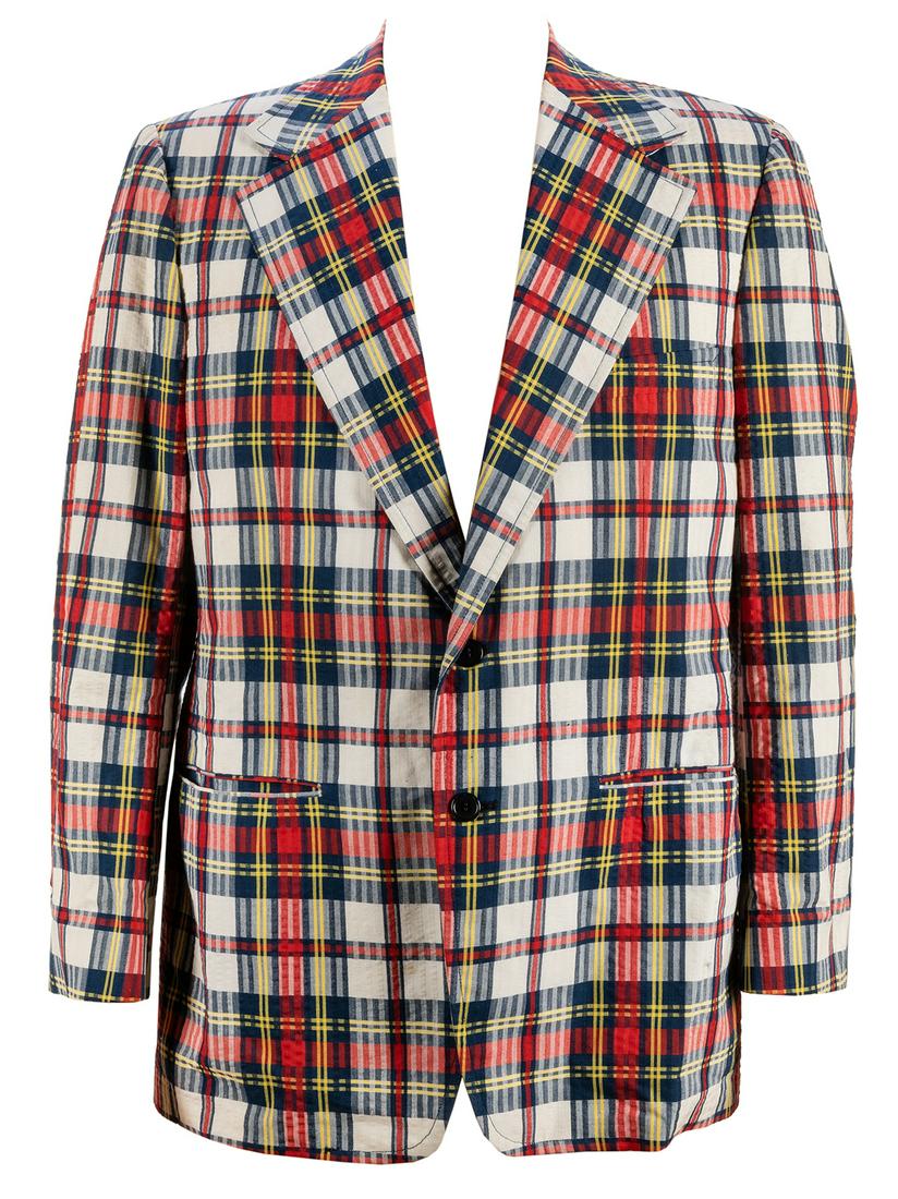 Jay Marshall Personally Owned Plaid Jacket.: Marshall, Jay. Jay Marshall Personally Owned Plaid Jacket. Multicolor plaid cotton/linen Haspel jacket tailored by Fred Schubach (Galesburg, IL). Retains manufacturer’s label, union tag, and care in