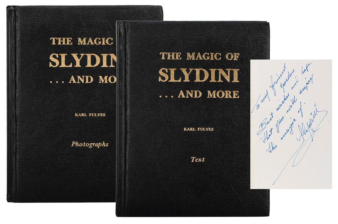 The Magic of Slydini…and More.: [Slydini, Tony] Fulves, Karl. The Magic of Slydini…and More. New York: Louis Tannen, 1976. Two vols., one of text, the other of photographs, uniform black pebbled vinyl. Inscribed and signed by Slyd