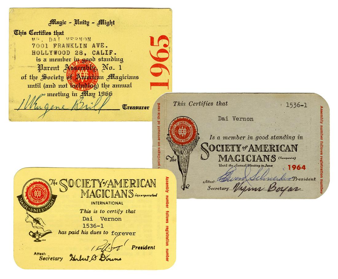 Three Dai Vernon SAM Membership Cards.: Vernon, Dai (David Frederick Wingfield Verner). Three Dai Vernon SAM Membership Cards. One being his 1965 Parent Assembly membership card; another his 1963/64 national membership card; and the last hi