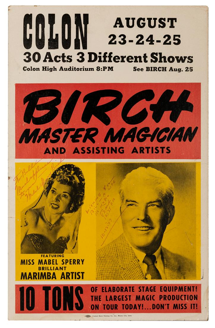 Birch Master Magician.: Birch, McDonald. Birch Master Magician. Mason City: Central Show Print, 1962. Three-color window card picturing Birch and Mabel Sperry, over printed for an appearance at Abbott’s 1962 Magic Get-Toge