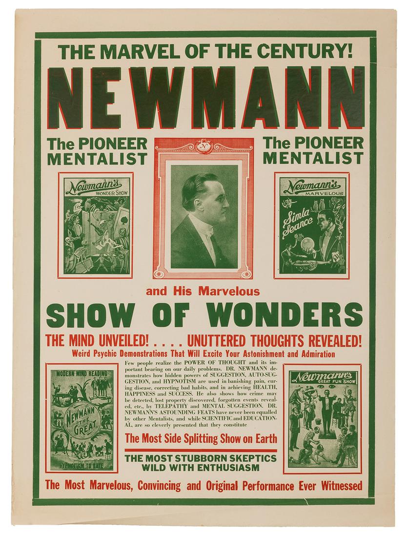 Newmann. The Pioneer Mentalist.: Newmann, C.A. George. Newmann. The Pioneer Mentalist. [St. Paul], ca. 1940. Two-color half-sheet (21 x 28 ¼”) poster advertising the hypnotic and mind reading show of this small-town showman. Unmou