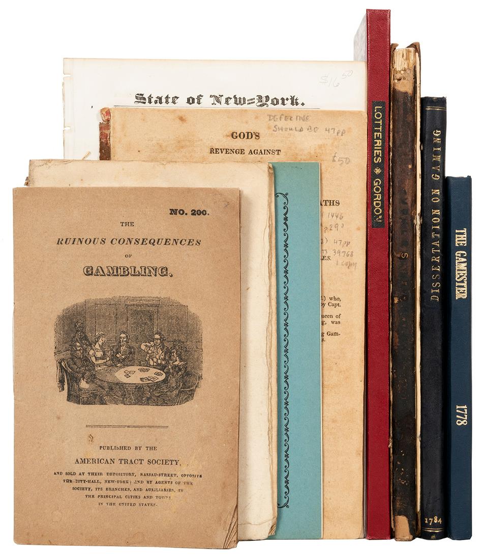 Group of Antiquarian Booklets and Tracts on Gambling,: Group of Antiquarian Booklets and Tracts on Gambling, Lottery, and Gaming. Including A Lecture Before the Boston Young Men’s Society, on the Subject of Lotteries (Boston, 1833), Gordon; An Essay Upo