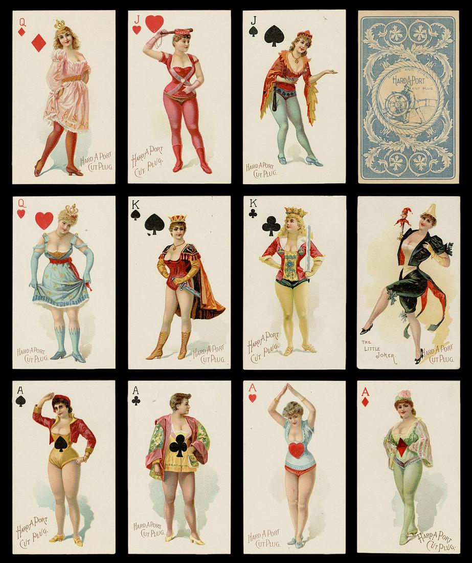 Hard-A-Port Cut Plug Tobacco Insert Playing Cards.: Hard-A-Port Cut Plug Tobacco Insert Playing Cards. New York: Lindner, Eddy & Clauss, ca. 1890. 52 + J. Each card with a different color lithographed illustration of a beautiful scantily clad woman in 