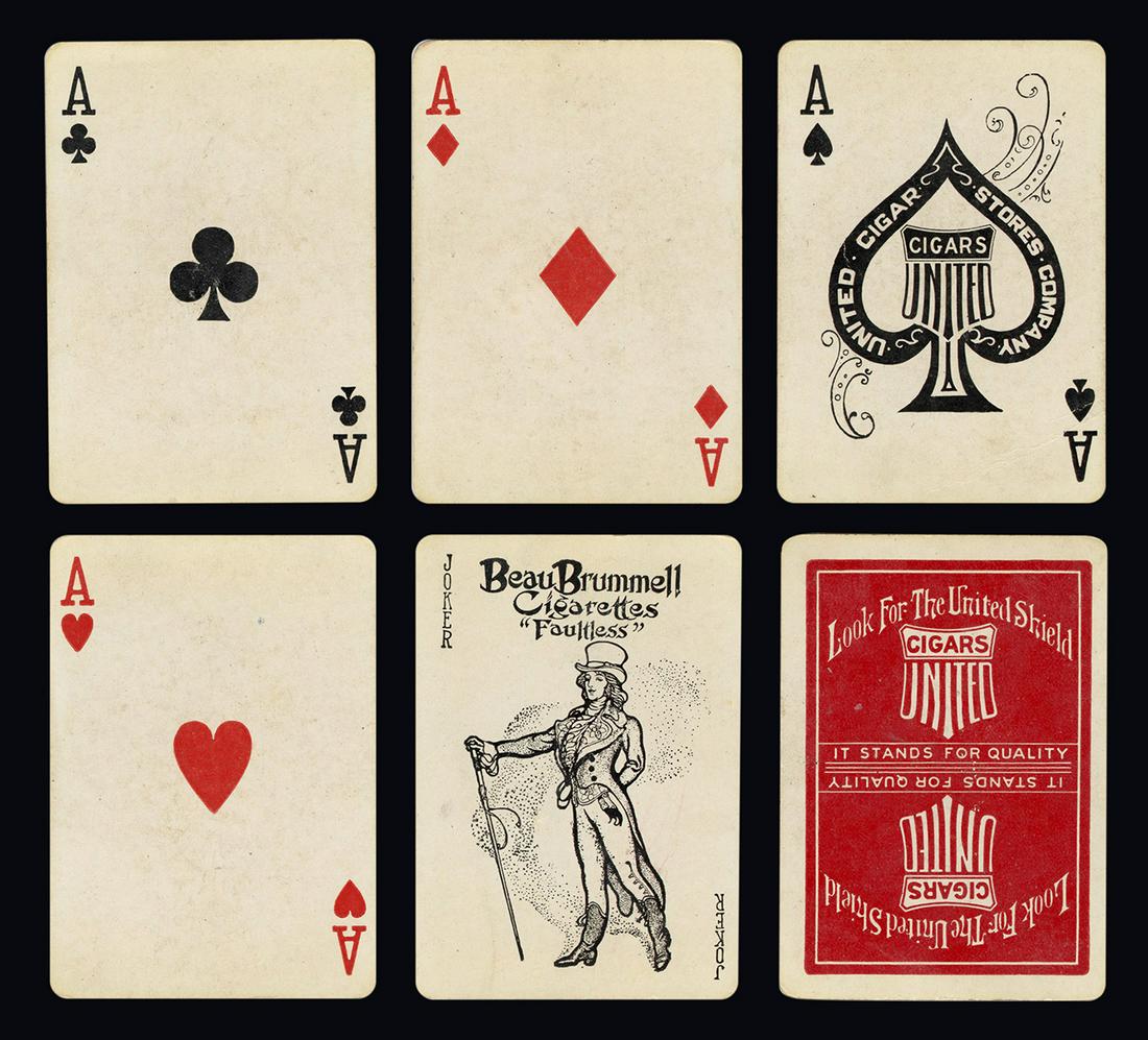 [Tobacciana] United Cigar Stores Co. Souvenir Playing: [Tobacciana] United Cigar Stores Co. Souvenir Playing Cards. 1910s. 52 + J + OB. Beau Brummel Cigarettes “Faultless” Joker. Scattered soiling and creasing to corners.