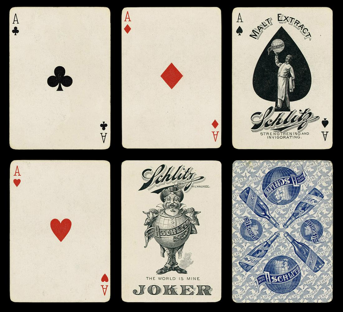 [Breweriana] Schlitz Milwaukee Beer Advertising Playing: [Breweriana] Schlitz Milwaukee Beer Advertising Playing Cards. Milwaukee, 1894. 52 + J + OB. Early Schlitz advertising deck, the brewery’s famous globe logo utilized on the Joker and Ace of Spades. 