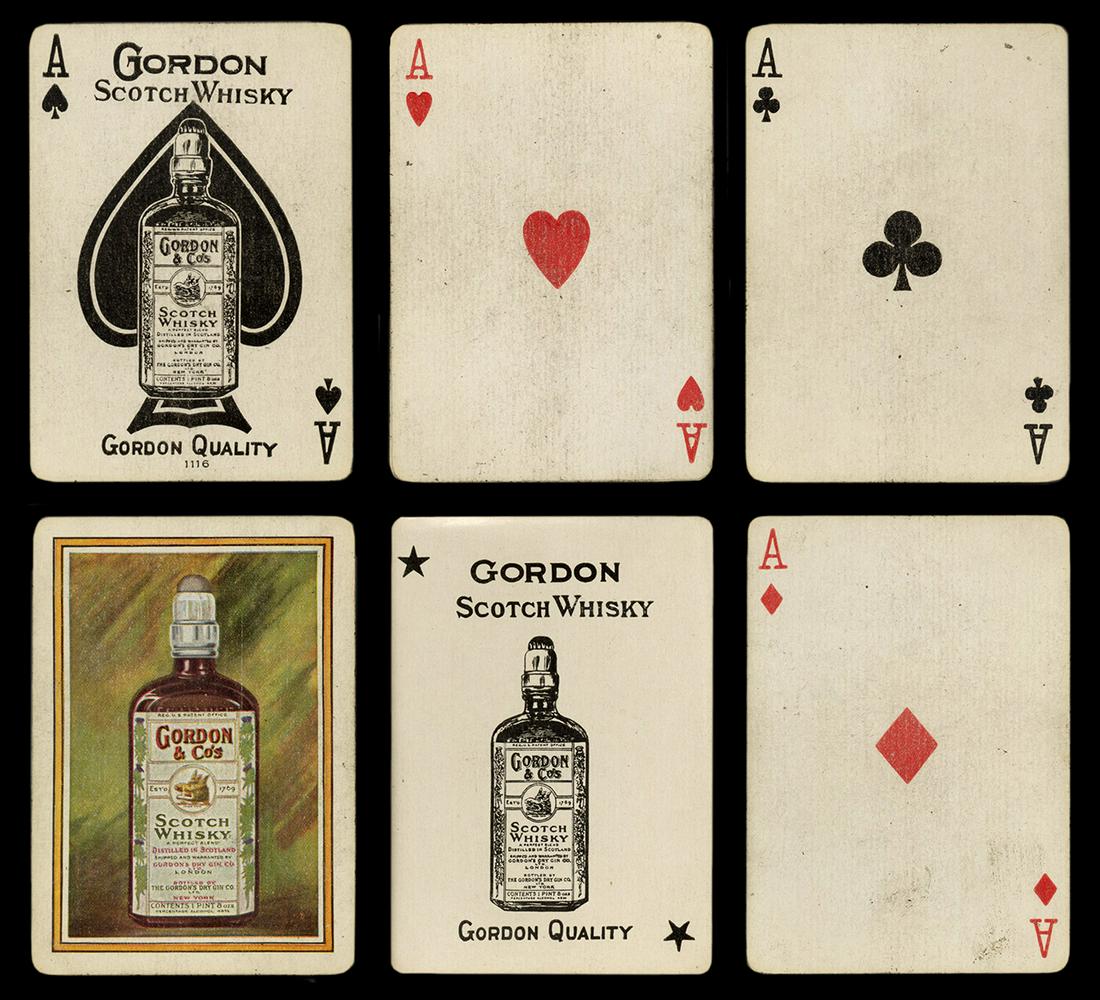 [Alcohol] Gordon Scotch Whisky Advertising Playing: [Alcohol] Gordon Scotch Whisky Advertising Playing Cards. [New York], ca. 1900s. 52 + J + OB. Advertising deck whose back design and joker depicts a bottle of the distillery’s whisky. Original box h