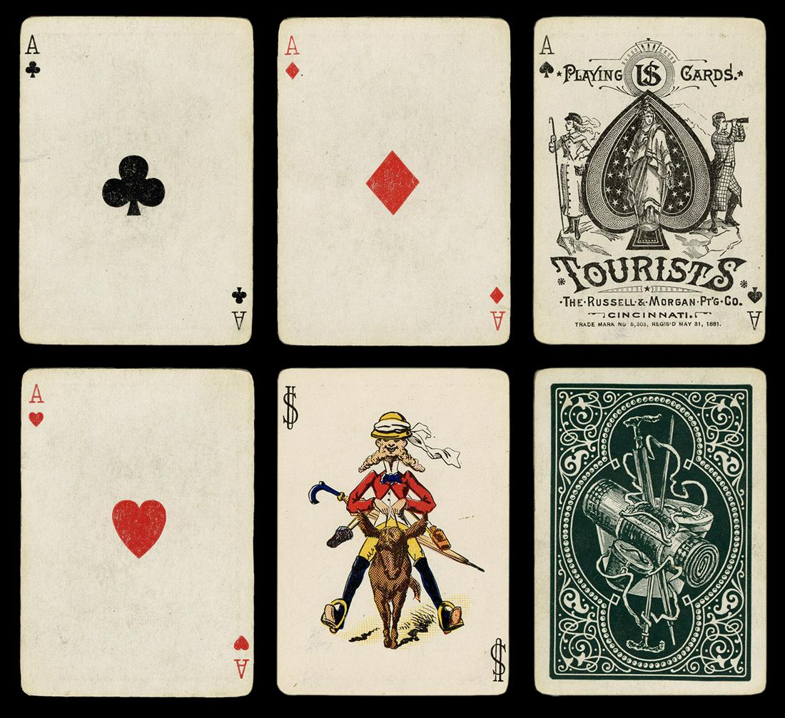Russell & Morgan Tourists No. 155 Playing Cards.: Russell & Morgan Tourists No. 155 Playing Cards. Cincinnati, ca. 1890s (1894 tax stamp). 52 + J + OB. Brown box with gilt metallic printing depicts tourists playing cards in Egypt. Joker depicts a dan