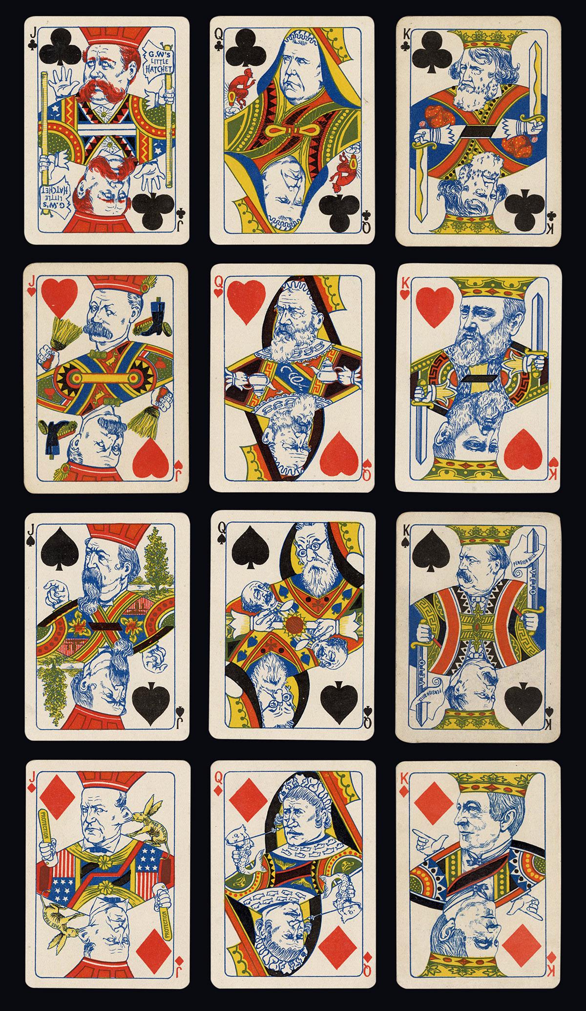 A.H. Caffee 1888 Presidential Satire Playing Cards.: A.H. Caffee 1888 Presidential Satire Playing Cards. New York, 1888. 52 (no Joker or EC). Printed during the 1888 U.S. Presidential campaign, the courts satirical depict contemporary political figures.