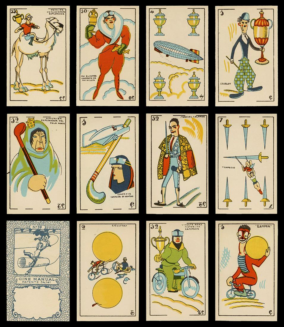 Graficas Valencia “Cine Manual” Playing Cards.: Graficas Valencia “Cine Manual” Playing Cards. Spain, ca. 1927. 48 (complete). Lithographed Art Deco designs feature movie stars, aviators, sports figures, and others, the backs with a Felix the C