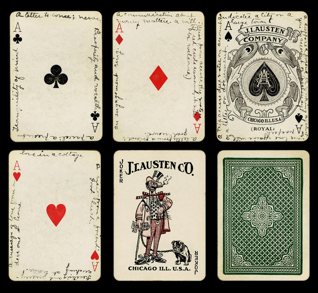 J.I. Austen Royal No. 3002 Black Americana Playing: J.I. Austen Royal No. 3002 Black Americana Playing Cards. Chicago, ca. 1900s. 52 + J + OB. Black dandy gambler character on Joker, with bulldog. This deck appears to have doubled for fortune-telling, 