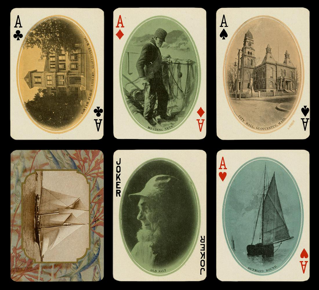 [Massachusetts/Fishing] DRM Specialty Co. Gloucester: [Massachusetts/Fishing] DRM Specialty Co. Gloucester Playing Cards. 1906. 52 + J + EC. Original box, lacking top/cover. All gilt edges. Back design of a sailboat in gilt metallic frame, fish in margin