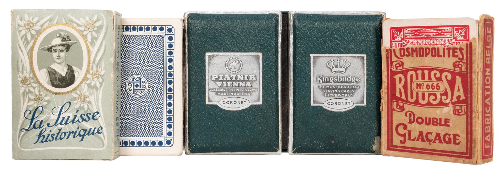 Four Decks of European Playing Cards.: Four Decks of European Playing Cards. Four vintage decks, comprising: La Suisse Historique; Roussa No. 666 (box damaged); Piatnik Kingbridge double deck; and Carta Mundi whist deck.