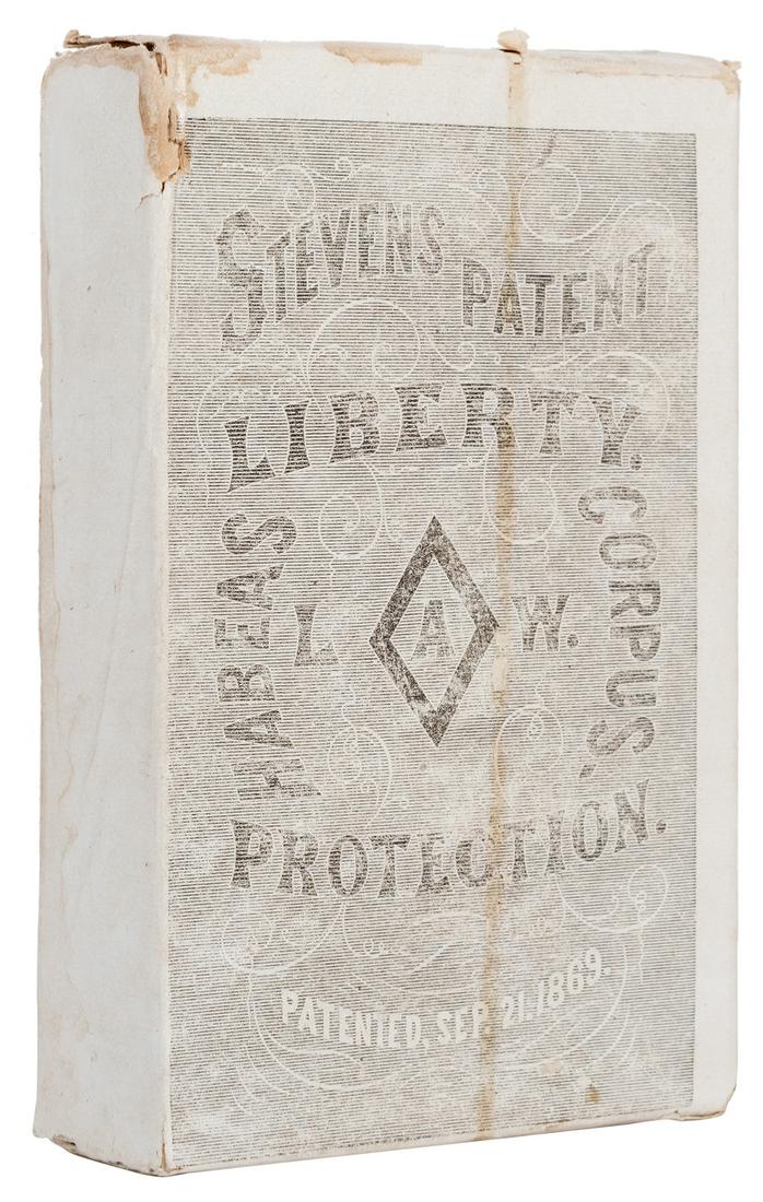 Stevens Patent “Habeas Corpus” Playing Cards.: Stevens Patent “Habeas Corpus” Playing Cards. 1869 (patent date). Presumed complete (56) deck in scarce original printed wrapper. Non-standard deck having four suits with 14 royal figures per suit