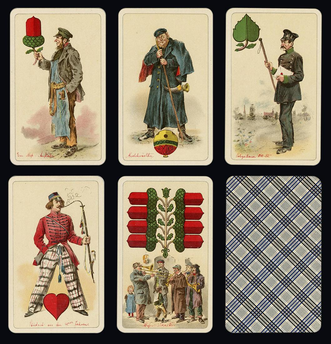 Altenburger Spielkartenfabrik Leipzig Fair Playing: Altenburger Spielkartenfabrik Leipzig Fair Playing Cards. Altenburg, Germany, ca. 1897. 32/32 + OB (disassembled). Printed for the return of the Leipzig Fair, Altenburger stamp on 8 of Bells. Very goo