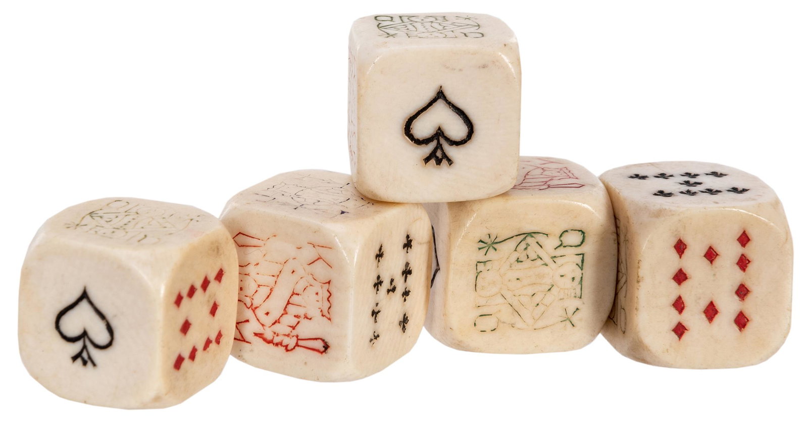 Set of Five Scrimshawed Poker Dice.: Set of Five Scrimshawed Poker Dice. Circa 1900. Bearing playing card designs on their sides. Size.