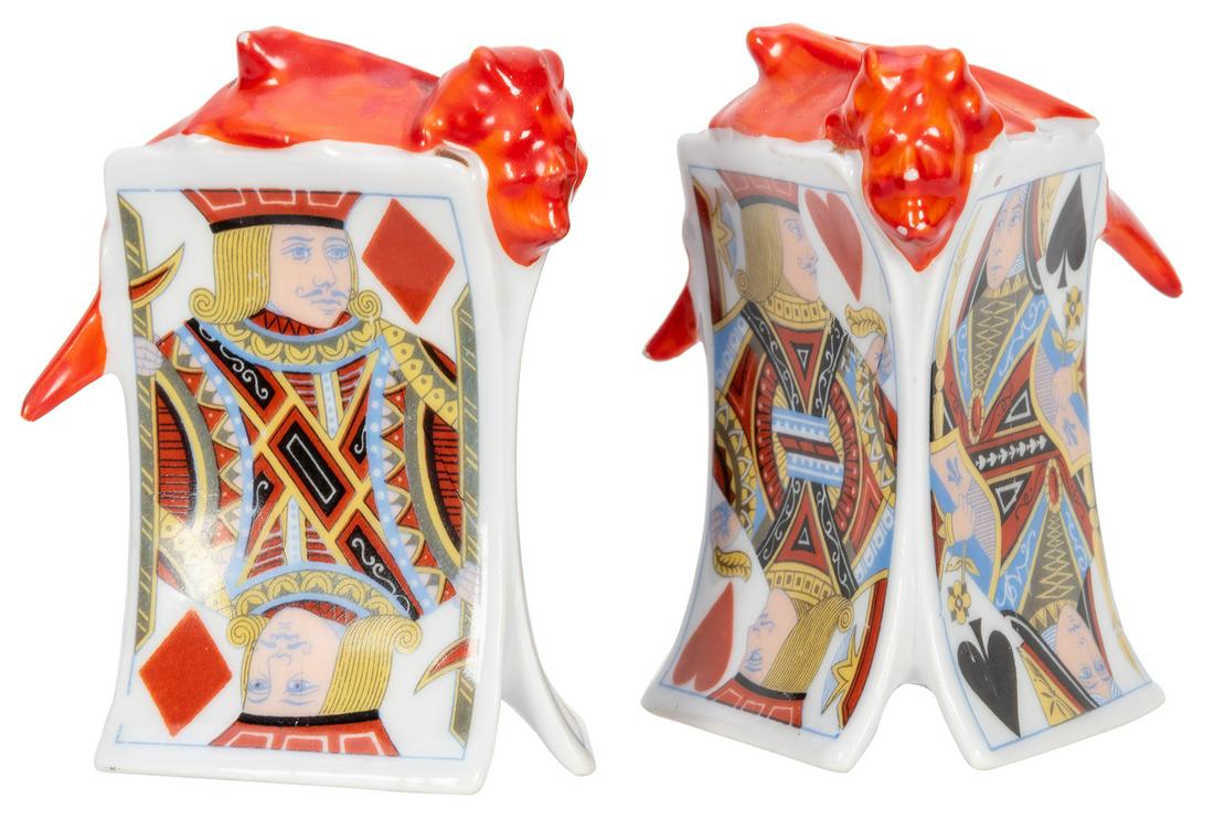 Royal Bayreuth Devil & Cards Salt and Pepper Shakers.: Royal Bayreuth Devil & Cards Salt and Pepper Shakers. Both marked “Bavaria” in green. Some chipping to faces and wingtips.