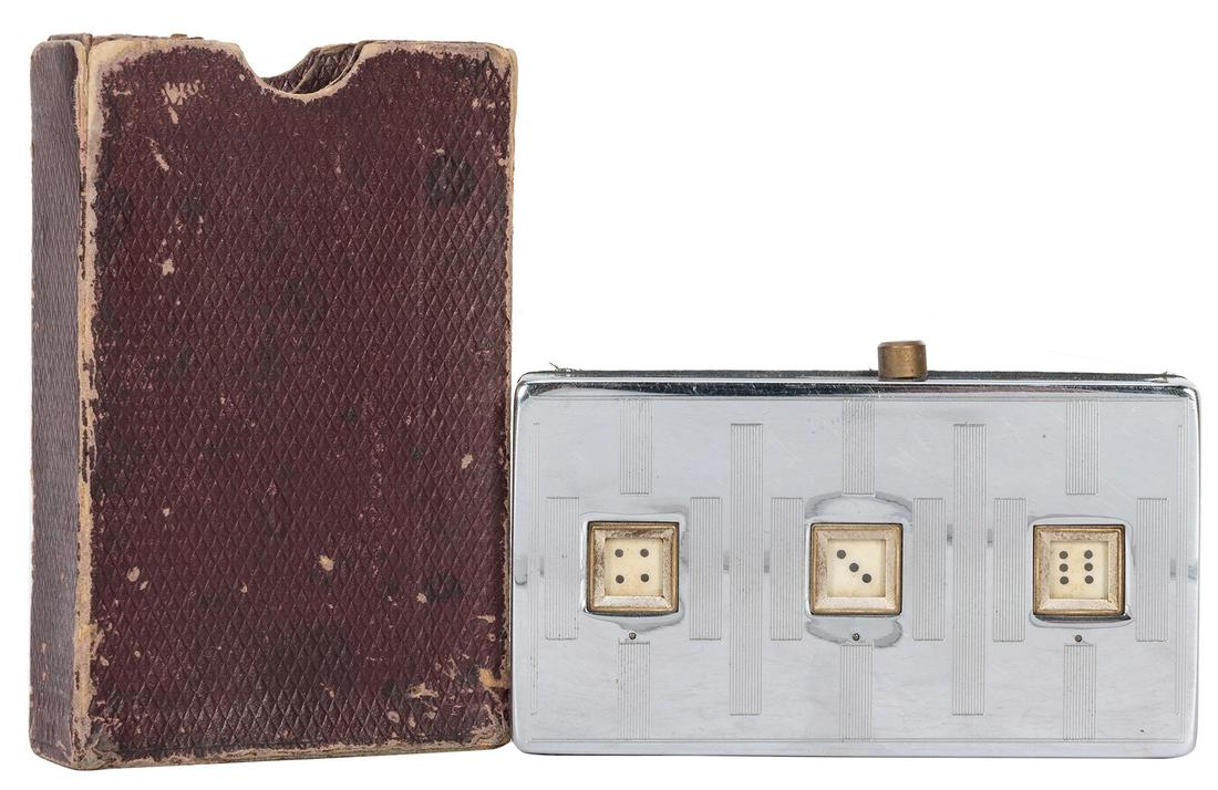 KUIC Novelty Pocket Dice Game with Original Box.: KUIC Novelty Pocket Dice Game with Original Box. France, ca. 1920s. The faces of three dice are shown in the nickeled decorative case. Flip the lever and the dice “roll” to a new number. With the