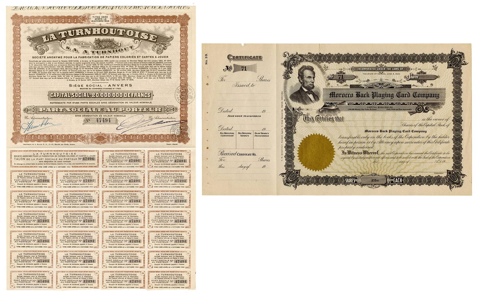 Two Playing Card Co. Stock Certificates. (1 of 1)