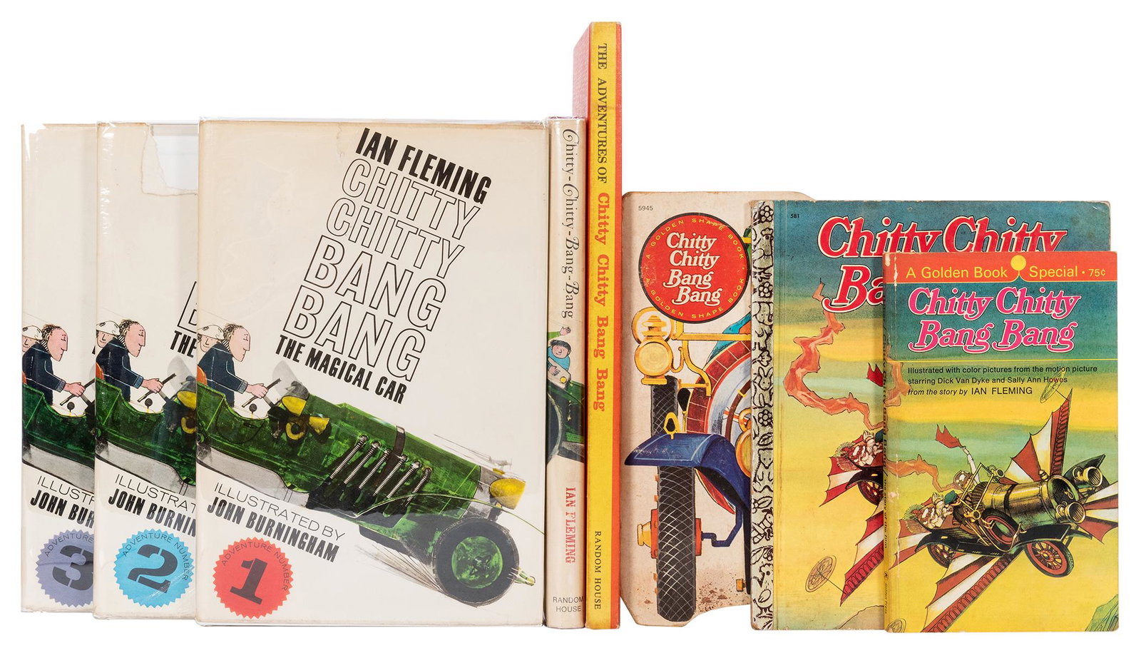 Group of Ten Chitty Chitty Bang Bang Titles.: Fleming, Ian. Group of Ten Chitty Chitty Bang Bang Titles. Includes the 3-volume set of the first British edition (first printings; Vol. I 2nd printing; Vol. II front jacket panel torn); one volume of