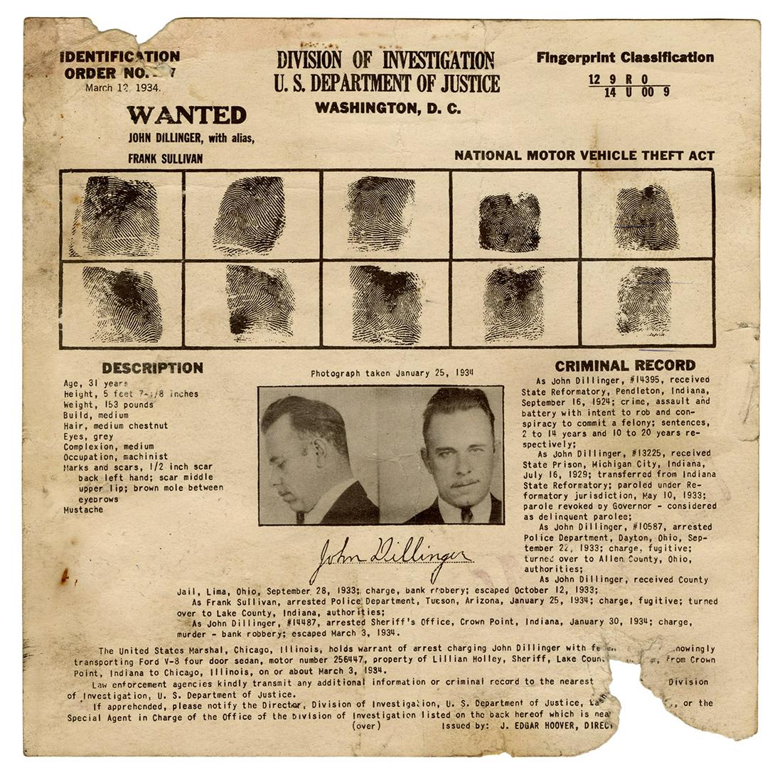 John Dillinger FBI Wanted Broadside.: [Crime–Mugshot]. Dillinger, John. John Dillinger FBI Wanted Broadside. Washington, D.C., 1934. Original wanted broadside issued by the J. Edgar Hoover at the Department of Justice, showing the c