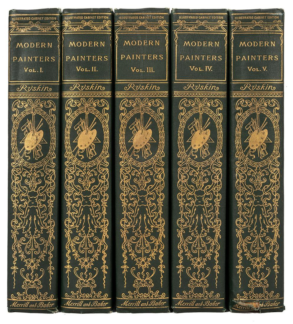 Modern Painters.: Ruskin, John. Modern Painters. New York: Merrill and Baker, ca. 1900s. Illustrated Cabinet Edition. 5 vols. Original cloth titled in gilt, spine pictorially stamped in gilt, t.e.g. 8vos. Illustrated. 