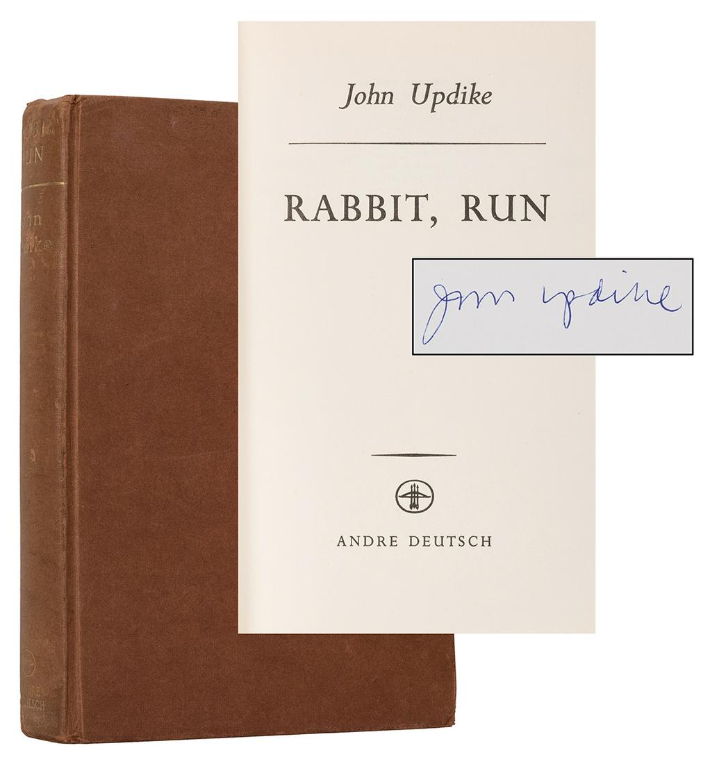 Rabbit Run, [signed].: Updike, John. Rabbit Run, [signed]. [London]: Andre Deutsch, 1961. First English edition. Signed bookplate by Updike affixed to half-title. Publisher’s brown cloth, spine titled in gilt, lacking
