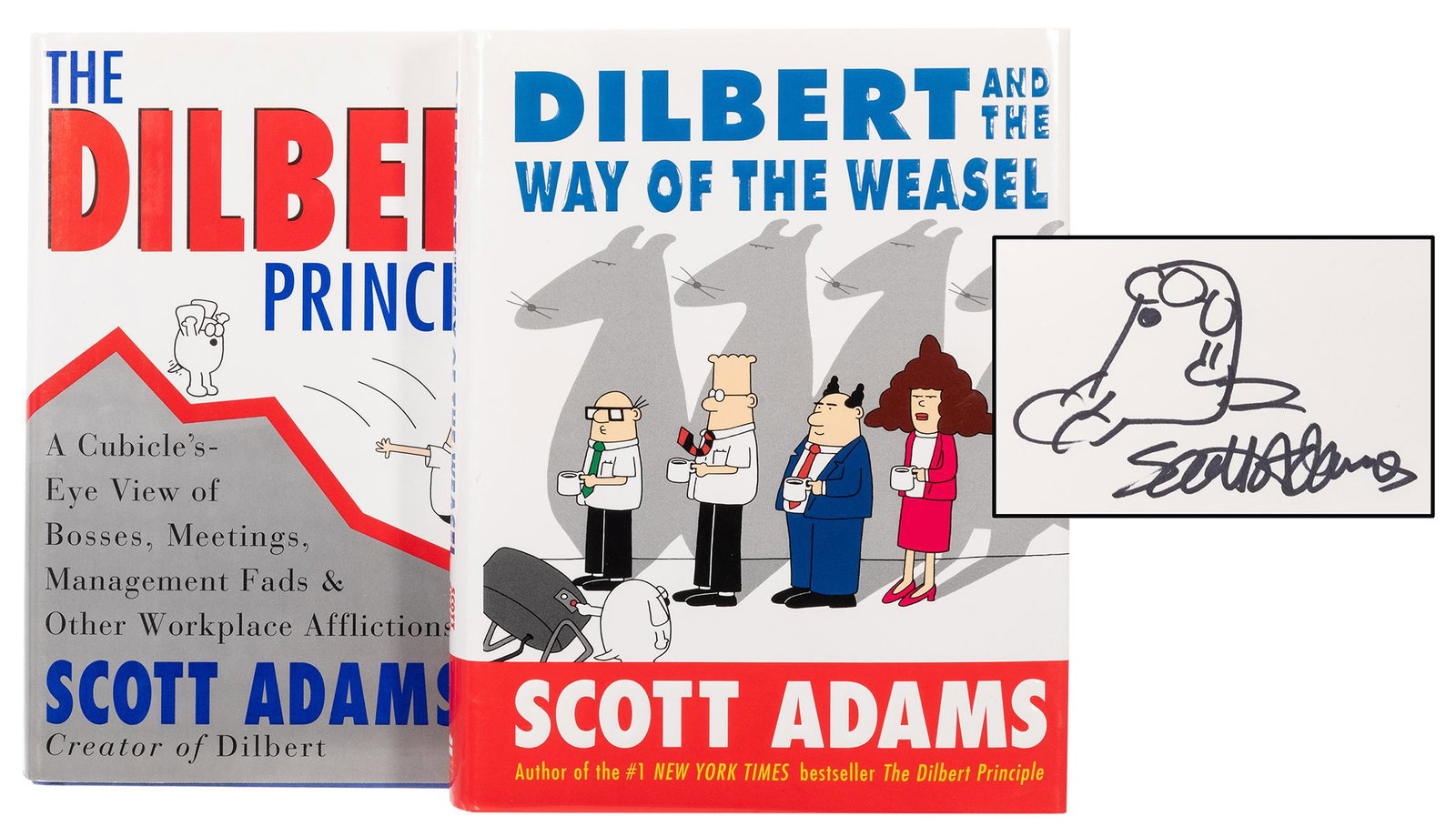 Pair of Scott Adams First Editions, both signed with: Adams, Scott. Pair of Scott Adams First Editions, both signed with original drawings. Harper Business, [v.d.]. First editions, first printing. Includes The Dilbert Principle (1996) and Dilbert and the