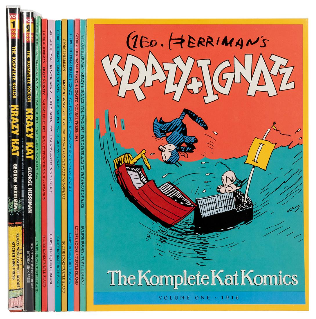 The Komplete Kolor Krazy Kat in Two Volumes [together: Herriman, George. The Komplete Kolor Krazy Kat in Two Volumes [together with:] Nine Volumes of Krazy and Ignatz: The Komplete Kat Komics. Remco Worldservice Books, 1990/1991. 2 vols. First edition, fi