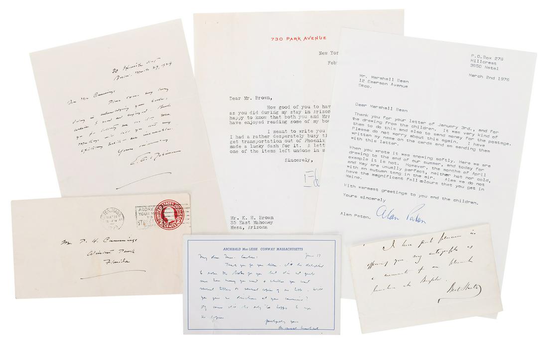 Small Group of Five Author and Poet Letters.: Small Group of Five Author and Poet Letters. Includes an ALS from A.E. Robinson with original envelope; a TLS from Alan Paton (1976); a TLS from Edna Ferber (1961); an ALS from Archibald MacLeish; and