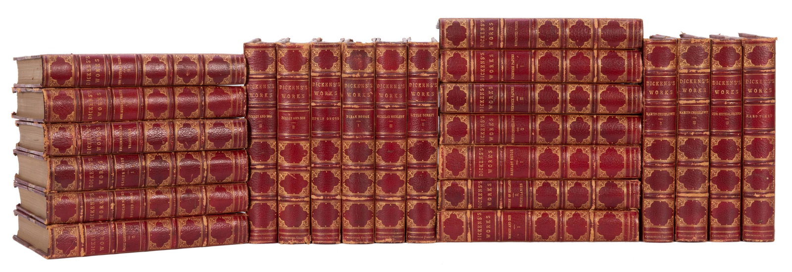 The Works of Charles Dickens. Cruikshank Edition.: Dickens, Charles. The Works of Charles Dickens. Cruikshank Edition. Boston: Samuel E. Cassino, ca. 1890s/1900. 23 vols. (of 45) only. Limited to 500 copies, this being no. 339. Three-quarter red moroc