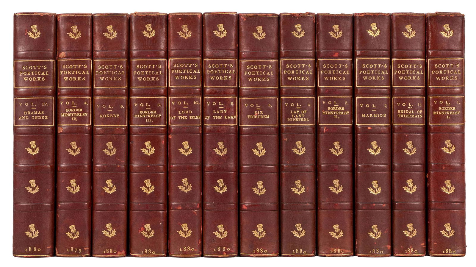 The Poetical Works of Sir Walter Scott.: [Fine Binding] Scott, Sir Walter. The Poetical Works of Sir Walter Scott. Edinburgh: Adam and Charles Lamb, 1880. Complete in 12 vols. Period half plum calf over cloth, thick bands, thistle gilt cente