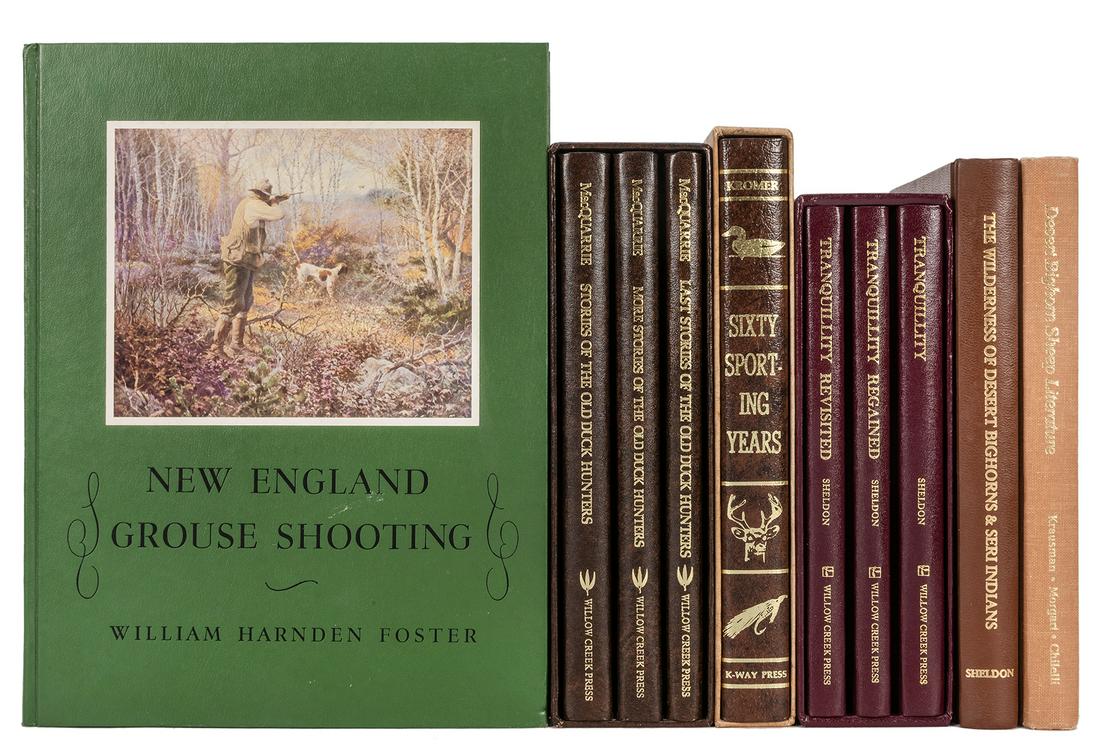 Shelf of 10 Volumes on Hunting, [few limited and: [Hunting] Shelf of 10 Volumes on Hunting, [few limited and signed]. Includes Stories of the Old Duck Hunters by Gordon MacQuarrie in 3 vols. (Willow Creek Press, 1985; in original slipcase); Sixty Spo