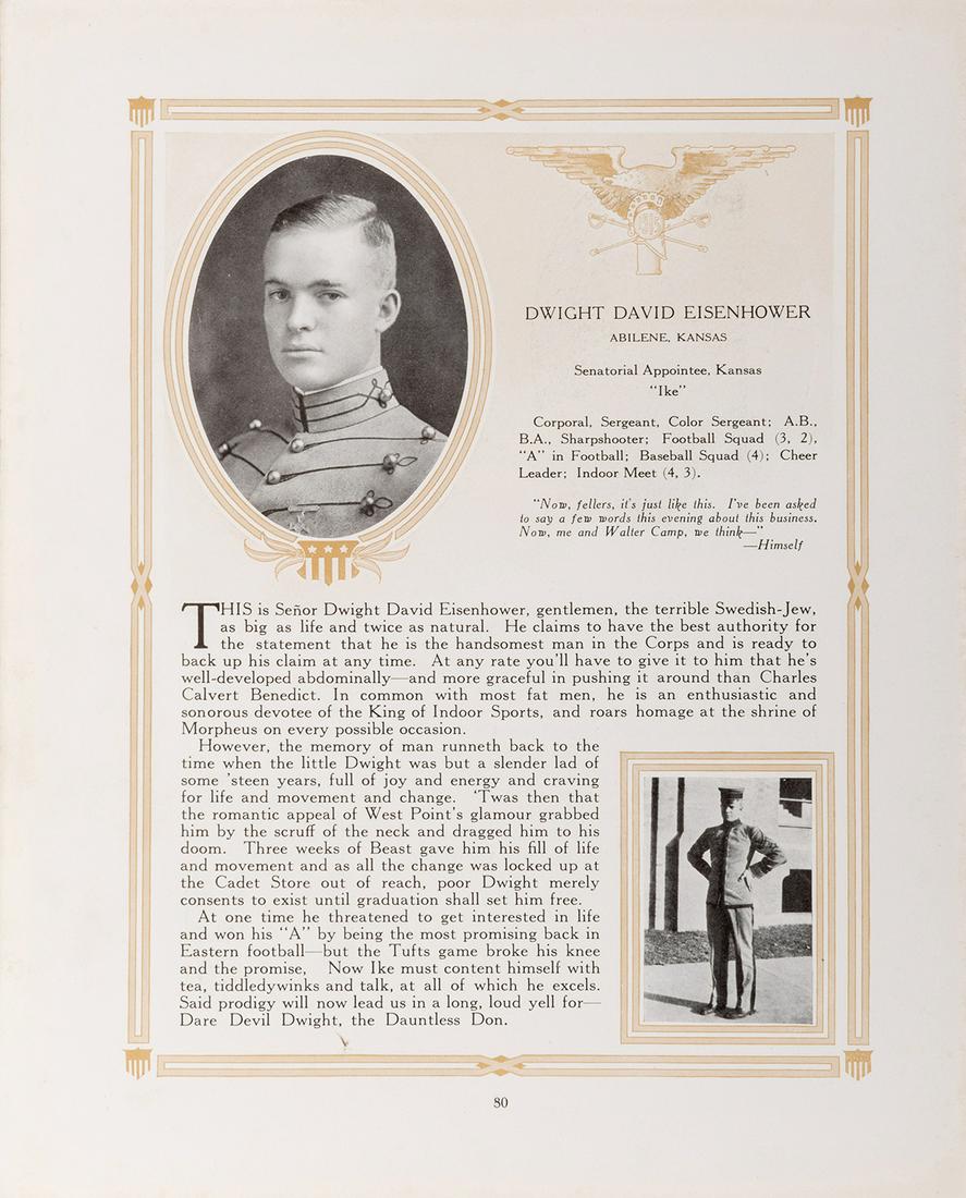 The Howitzer: The Yearbook of the United States Corps: [Eisenhower, Dwight D.] The Howitzer: The Yearbook of the United States Corps of Cadets. Edited by the 1st Class 1915. New York: Blanchard Press, 1915. first edition. Original padded calf stamped with